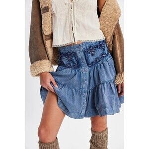 Free People August Mini Skirt Denim A-Line Layered Blue Cotton Solid S 287129
